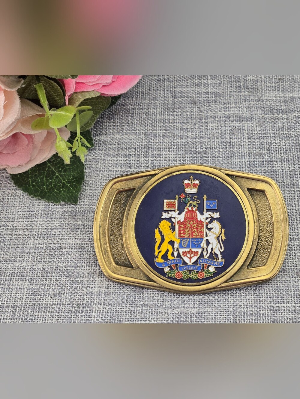 Vintage Solid Brass Canada Coat of Arms Belt Buckle Enamel Canadian Crest 1970s